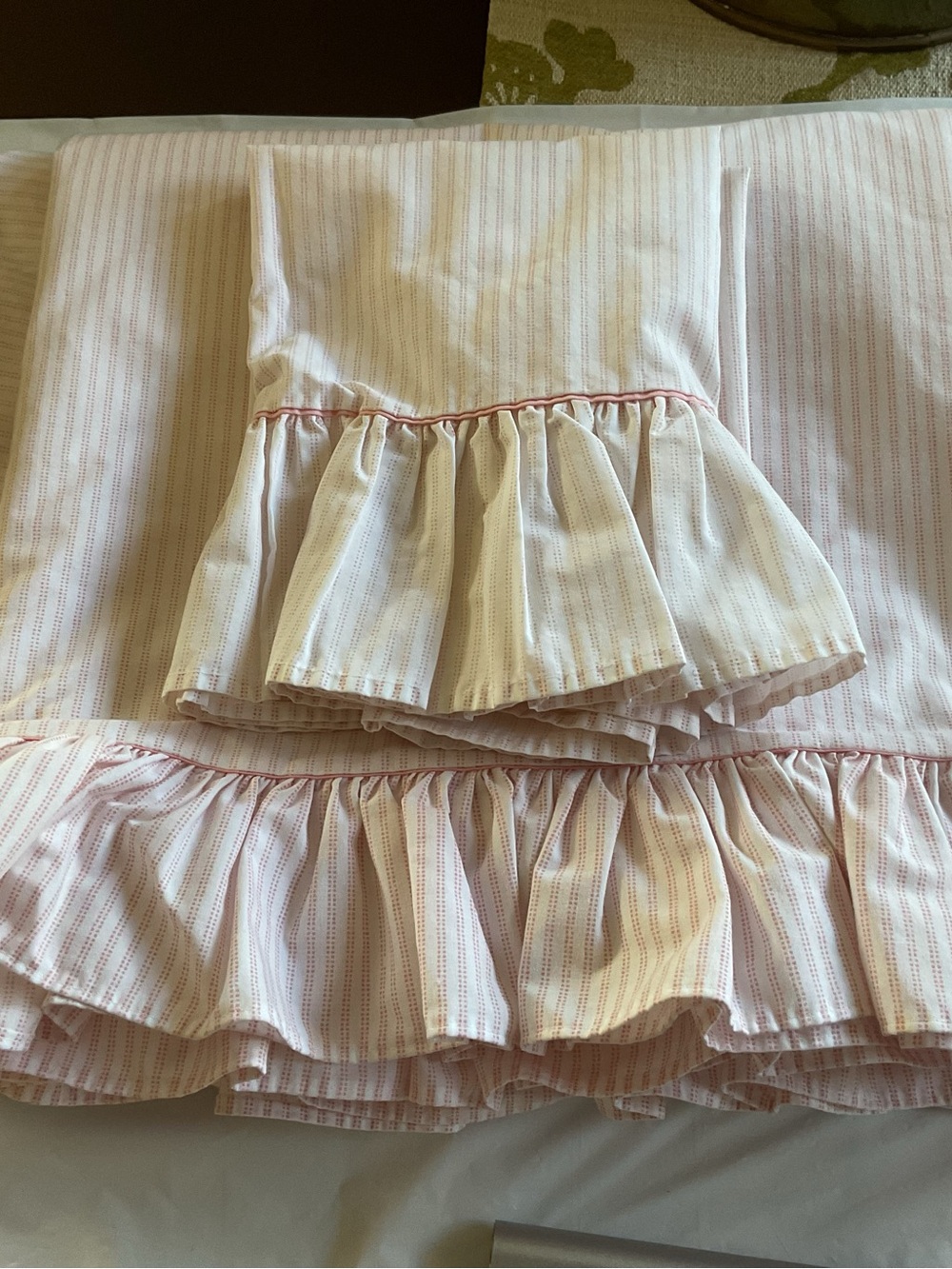 LAURA ASHLEY Vintage  Pink Ticking Stripe Ruffle Full Sheets Set 3PCS